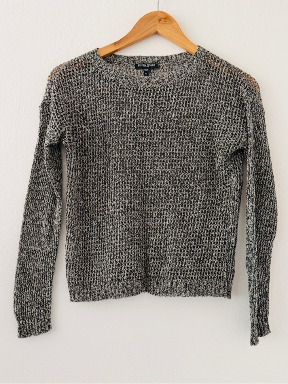 Eileen Fisher Open Weave Linen Wool Sweater Black & White Petite